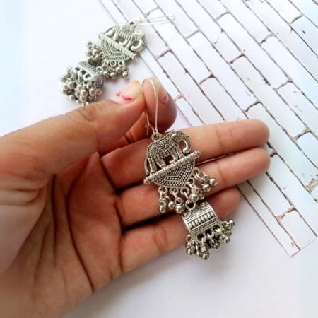 Elephant Design Silver Oxidised Earrings